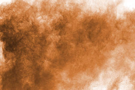 Brown color powder explosion on white background. Colored cloud. Colorful dust explode. Paint Holi.