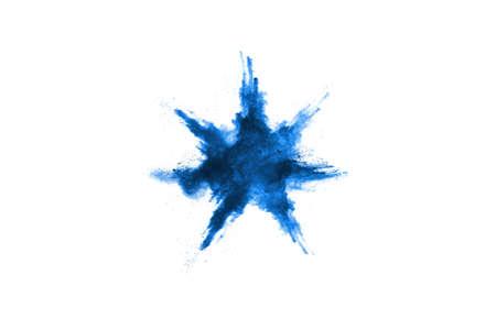 Blue color powder explosion on white background. Colored cloud. Colorful dust explode. Paint Holi.の写真素材