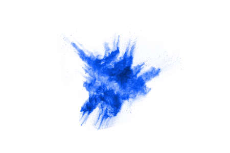 Blue color powder explosion on white background. Colored cloud. Colorful dust explode. Paint Holi.