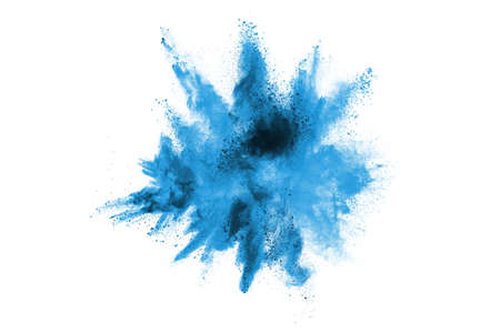 Blue color powder explosion on white background. Colored cloud. Colorful dust explode. Paint Holi.
