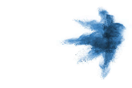 Blue color powder explosion on white background. Colored cloud. Colorful dust explode. Paint Holi.
