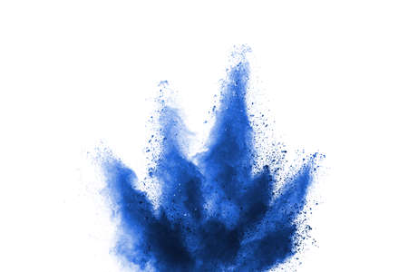 Blue color powder explosion on white background. Colored cloud. Colorful dust explode. Paint Holi.