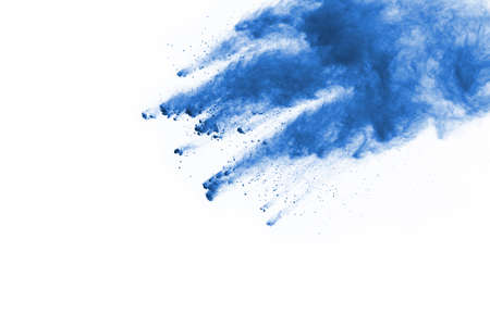 Blue color powder explosion on white background. Colored cloud. Colorful dust explode. Paint Holi.