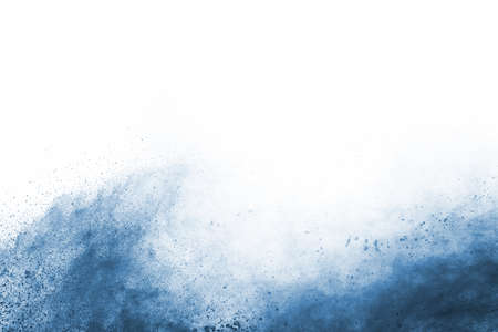 Blue color powder explosion on white background. Colored cloud. Colorful dust explode. Paint Holi.の写真素材