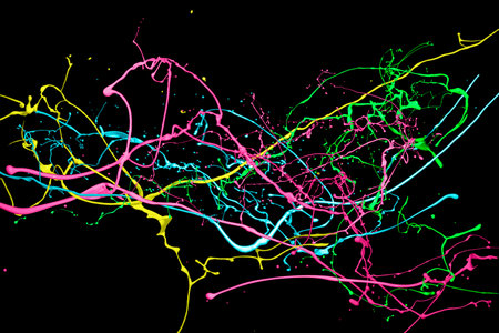 Colorful paint splashes isolated on black background. Vector illustration.の写真素材