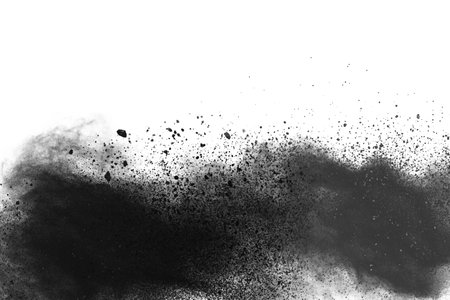 Black powder explosion on white background. Colored cloud. Colorful dust explode. Paint Holi.の写真素材