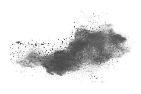 Black powder explosion isolated on white background.  Abstract dust cloud.の写真素材