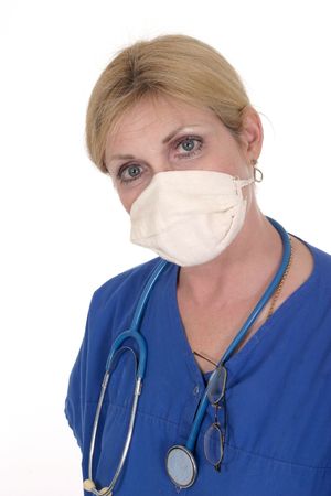headshot photo of nurse or doctor with stethoscope glasses and surgical maskの写真素材