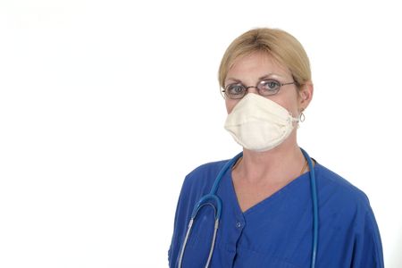 headshot photo of nurse or doctor with stethoscope in surgical mask ready for surgeryの写真素材