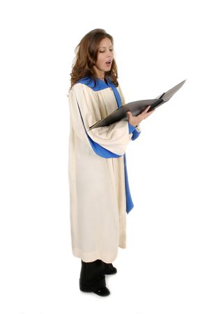 Beautiful woman church choir member in choir robe holding a music folder and singing.  Isolated on white.の写真素材