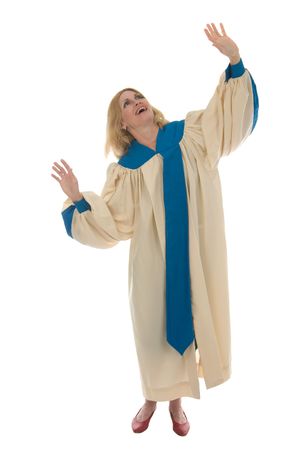 Woman in church choir robe with her arms raised in charismatic praise to God.  Shot isolated on white background.  Horizontal orientation.の写真素材