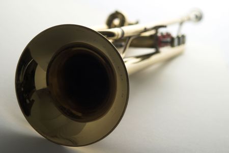 closeup of trumpet bell with focus on bell; brass lacquered trumpetの写真素材