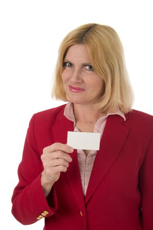 Attractive smiling business woman holding blank card with room for text.の写真素材