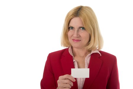 Attractive business woman displaying her blank business card with room for text. の写真素材