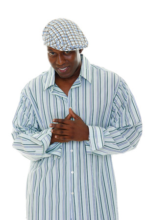 Casual male fashion model wearing striped shirt and checkered hat.の写真素材