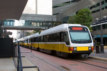 Light rail train in downtown Dallas.