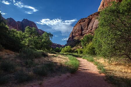 Hiking the Grandstaff Canyon Trail in the Early Morning, Moab, Utahの写真素材