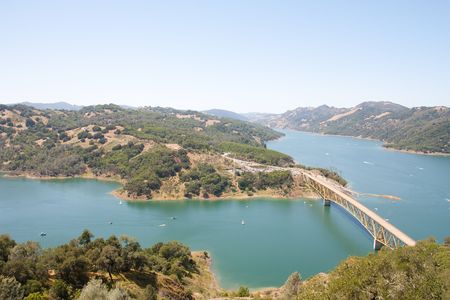 A top view of bridge at Sonoma Lake, Californiaの写真素材