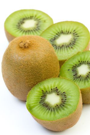 Freshly harvested kiwi fruit on white backgroundの写真素材