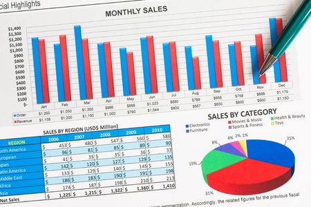 Colorful sales charts and graphs with a penの写真素材