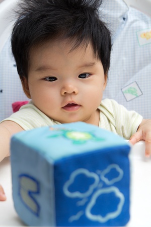 Little Asian baby girl on a high chair playing with a blue soft cubeの写真素材