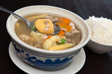 Claypot bean curd with mixed vegetable served with riceの写真素材