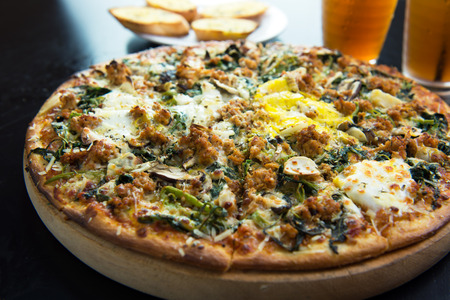 Full size of minced meat, egg and vegetable pizzaの写真素材