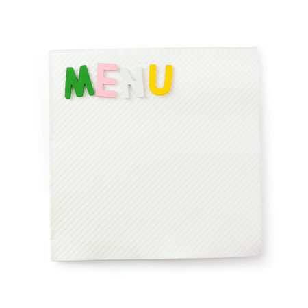 Word menu on napkin isolated on white backgroundの写真素材