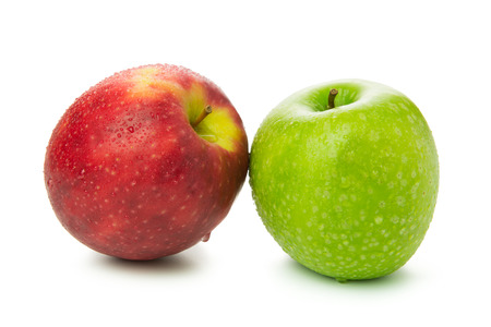 Red and green apples on white backgroundの写真素材