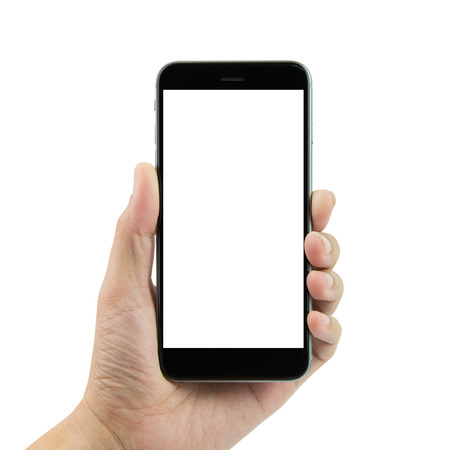 Hand holding smart phone with blank screen on white background Hand holding smart phone with blank screen on white background
