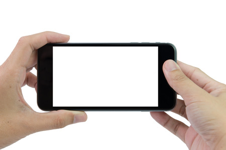Hand holding smart phone with blank screen on white backgroundの写真素材