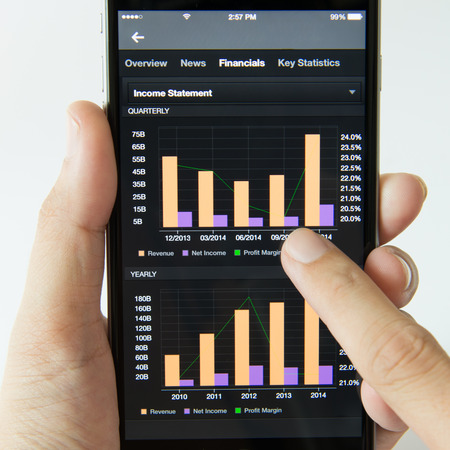 Smart phone showing financial income statement on stock marketの写真素材