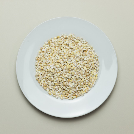 Close up of barley on white plateの写真素材