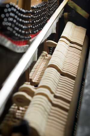 Close up of hammers striking strings inside a pianoの写真素材