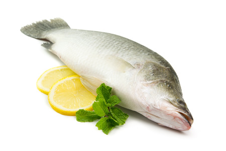 Fresh raw fish with sliced lemon and mint leaves on white backgroundの写真素材