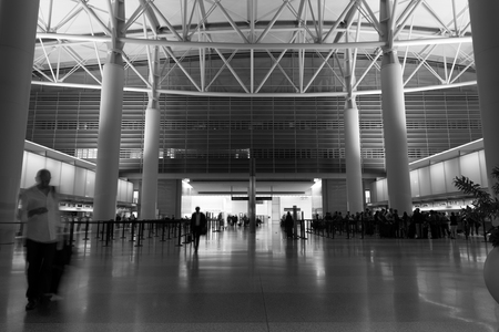 Airport departure hall scene in black and white (blurry)のeditorial素材