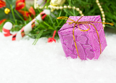 Pink Christmas ornaments on white background, with copy spaceの写真素材