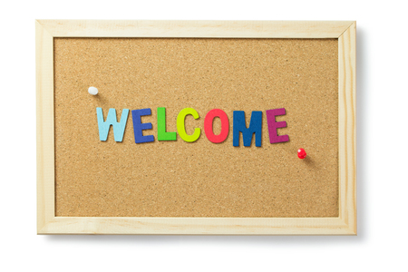 Colorful welcome word letters on cork notice boardの写真素材