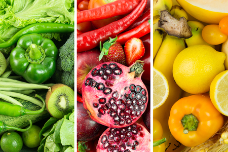 Collage of healthy raw fruits and vegetables produceの写真素材