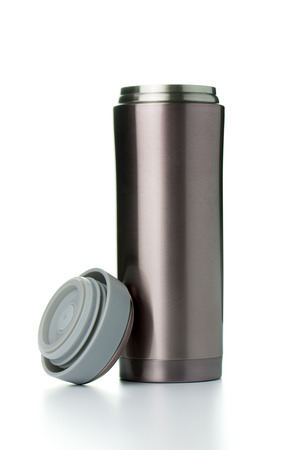 Thermal mug with lid on white backgroundの写真素材