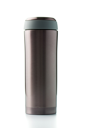 Thermal mug with lid on white backgroundの写真素材