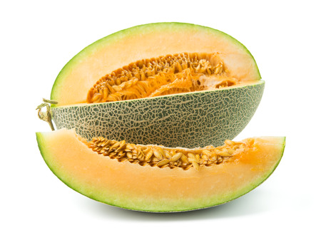 Close up of orange cantaloupe melon on white backgroundの写真素材