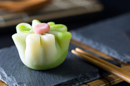 Japanese traditional confectionery cake wagashi served on plateの写真素材