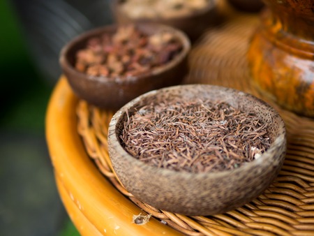 Traditional Indonesian or Thailand spices used in spa massage treatment.の写真素材