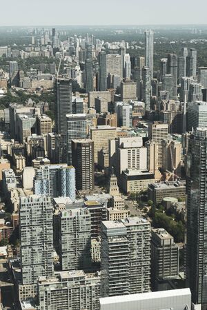 Toronto, Canada - AUG 4, 2019: Aerial view of modern skyscrapers and office buildings in Toronto...