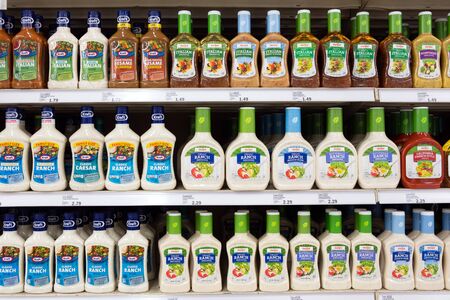 Detroit, USA - November 29, 2019: Salad dressings selection in a supermarket shelf in Detroit, USA.