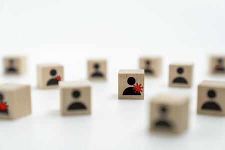 Virus spreading on people icon or infection disease growth among human person concept using wood blockの写真素材