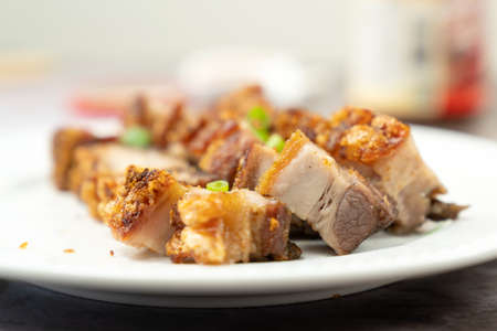 Oriental roast pork belly or char siew on white plate