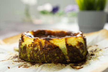 Basque Matcha burnt cheesecake freshly bake from oven