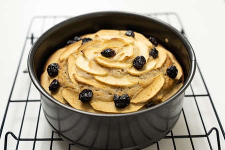 Homemade round apple cinnamon cake or bread with dried cranberries